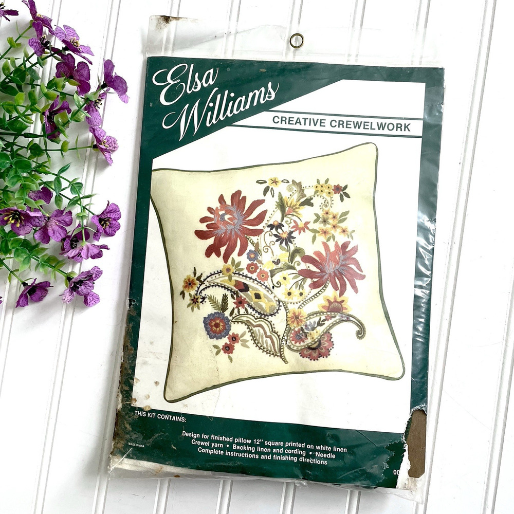VTG Elsa Williams Creative Crewelwork Jacobean Paisley Pillow Kit 00239 NOS Open